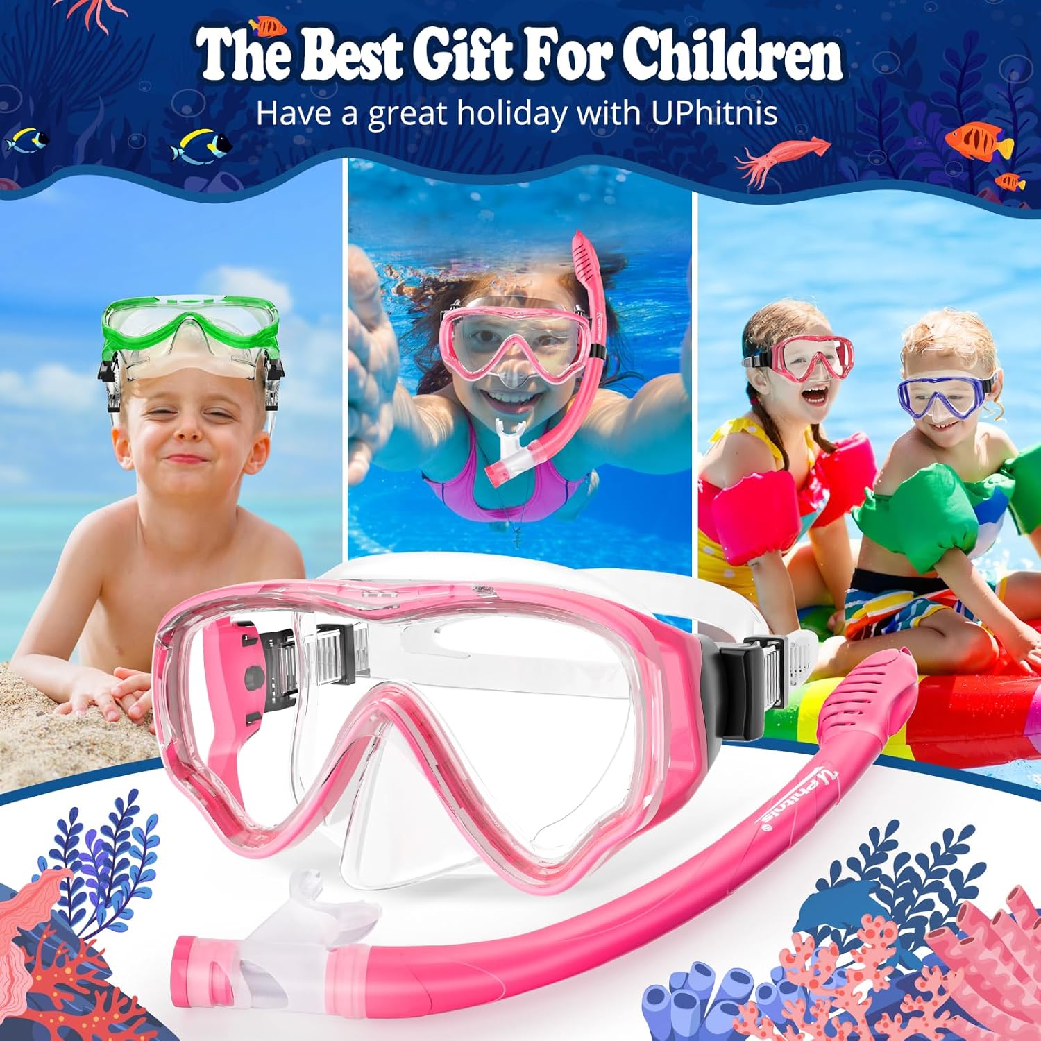 Color Pink  Kids Snorkel Set for Age 4-14 - Dry Top Snorkeling Gear for Kids Junior & Youth - Childs Diving Mask with Big Eyes for Boys Girls - Anti-Fog Snorkeling Mask and Snorkel Set